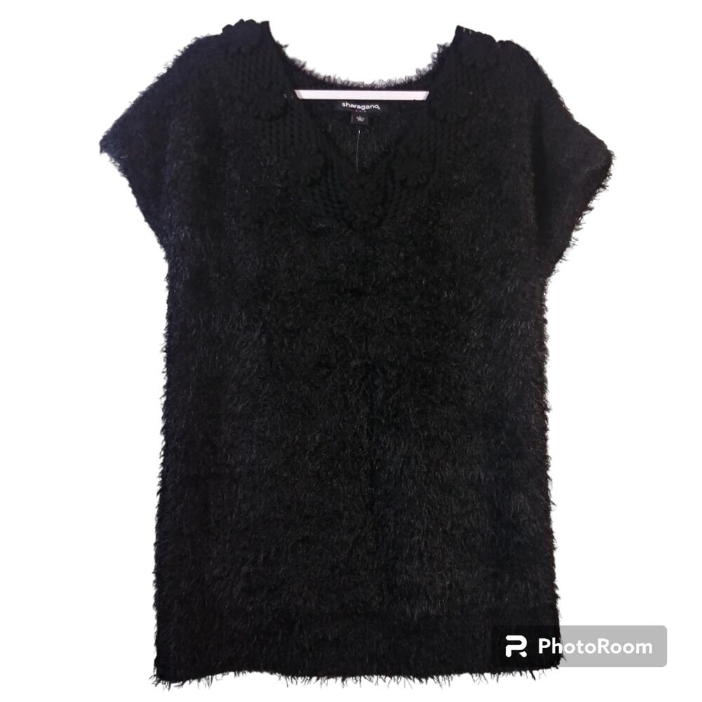 Sharagano Black Fuzzy Eyelash Short Sleeve Top Size L